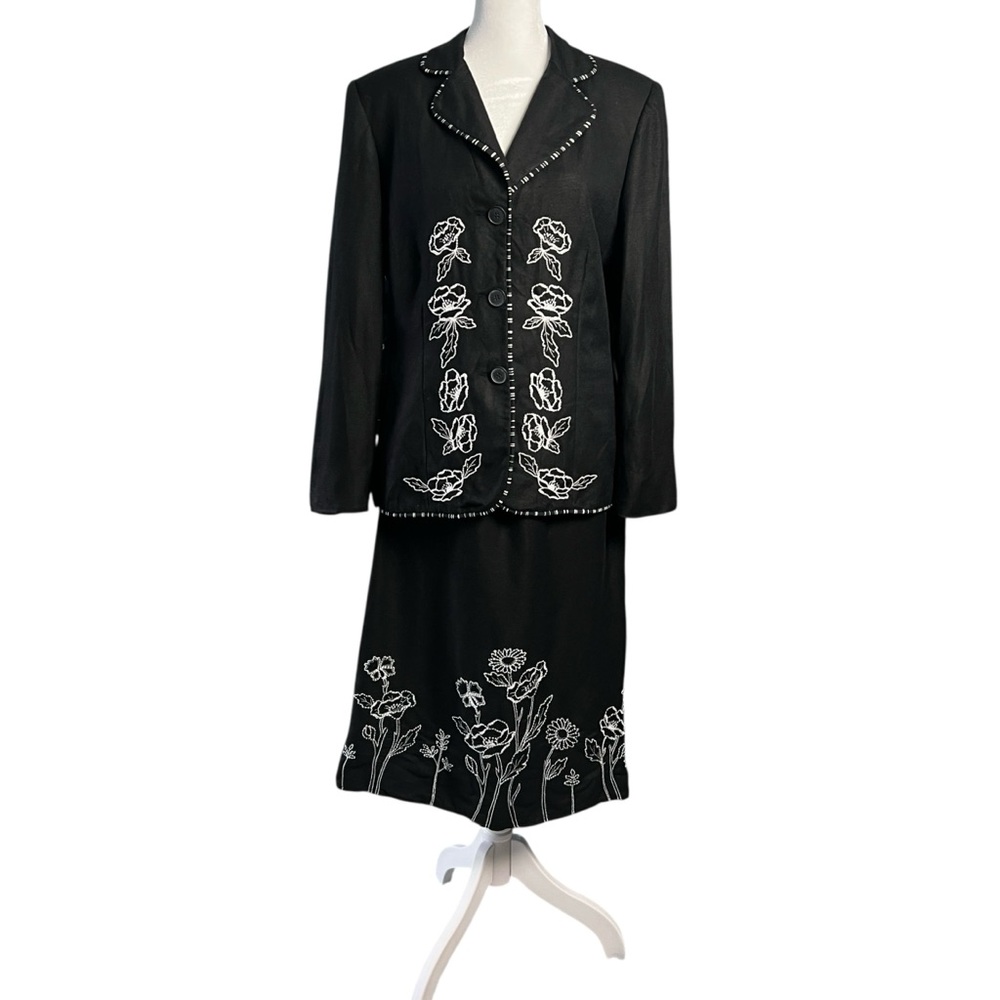 Vintage Mary McFadden Skirt Suit Set Size 8 Linen Blend Embroidered 90s Y2K